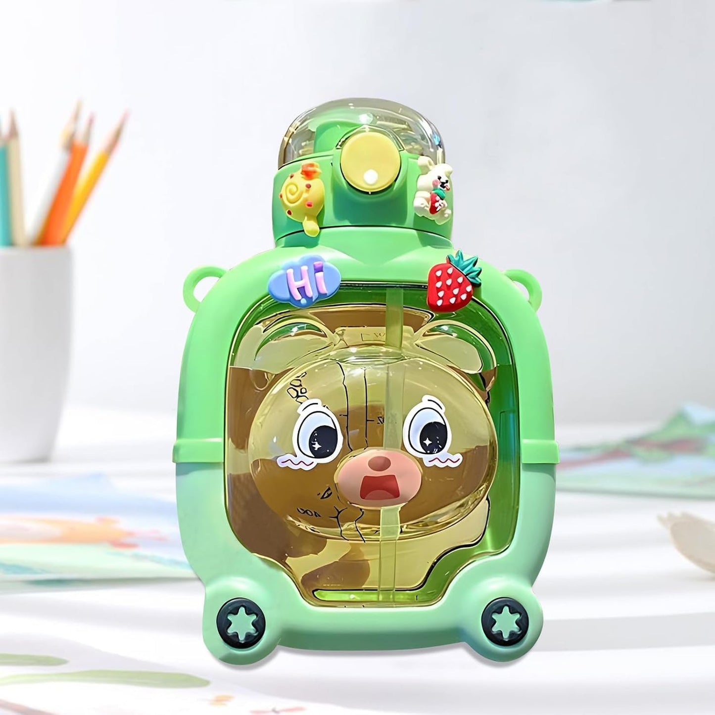 Kids Bear Water Bottle with Straw & Stickers (1000ml) - Kiddospedia