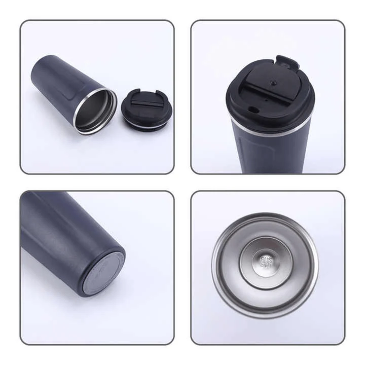 Black insulated travel mug with lid shown from different angles on a white background