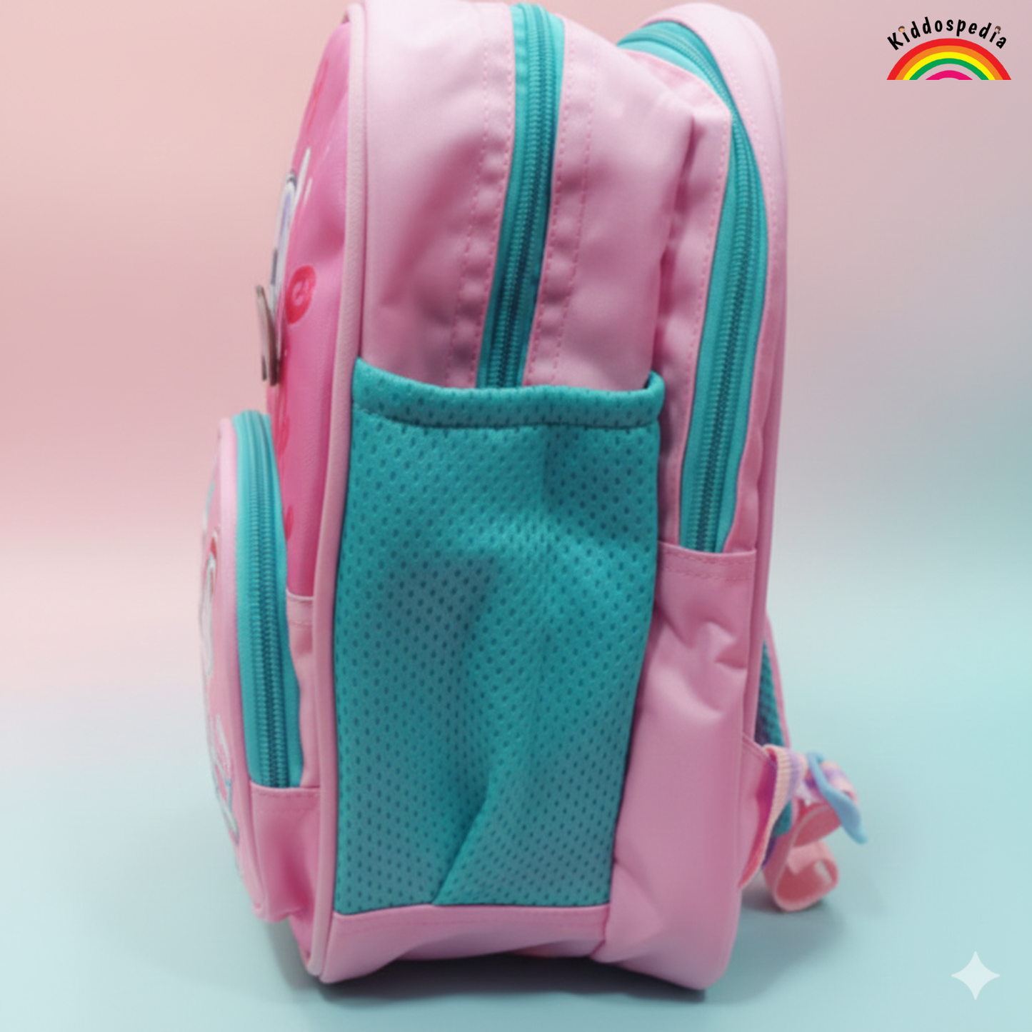 Pink and teal backpack with a pocket on a gradient background