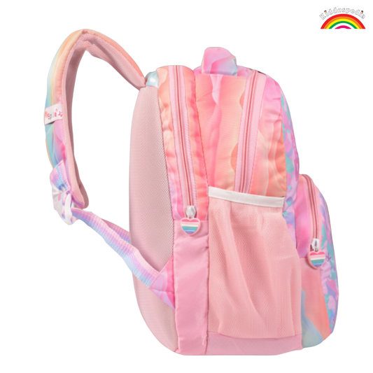 Pink and rainbow tie-dye backpack on a white background
