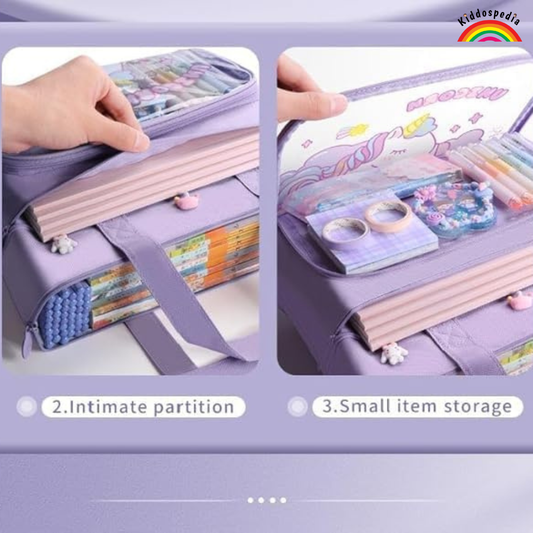 Multifunctional organizer with compartments for books and stationery items on a light purple background.