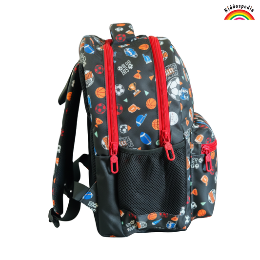 Backpack with sports-themed design and red zippers on a white background