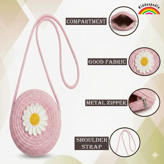 Pink round pouch with daisy design on a beige background, featuring text labels on good fabric, metal zipper, and shoulder strap.