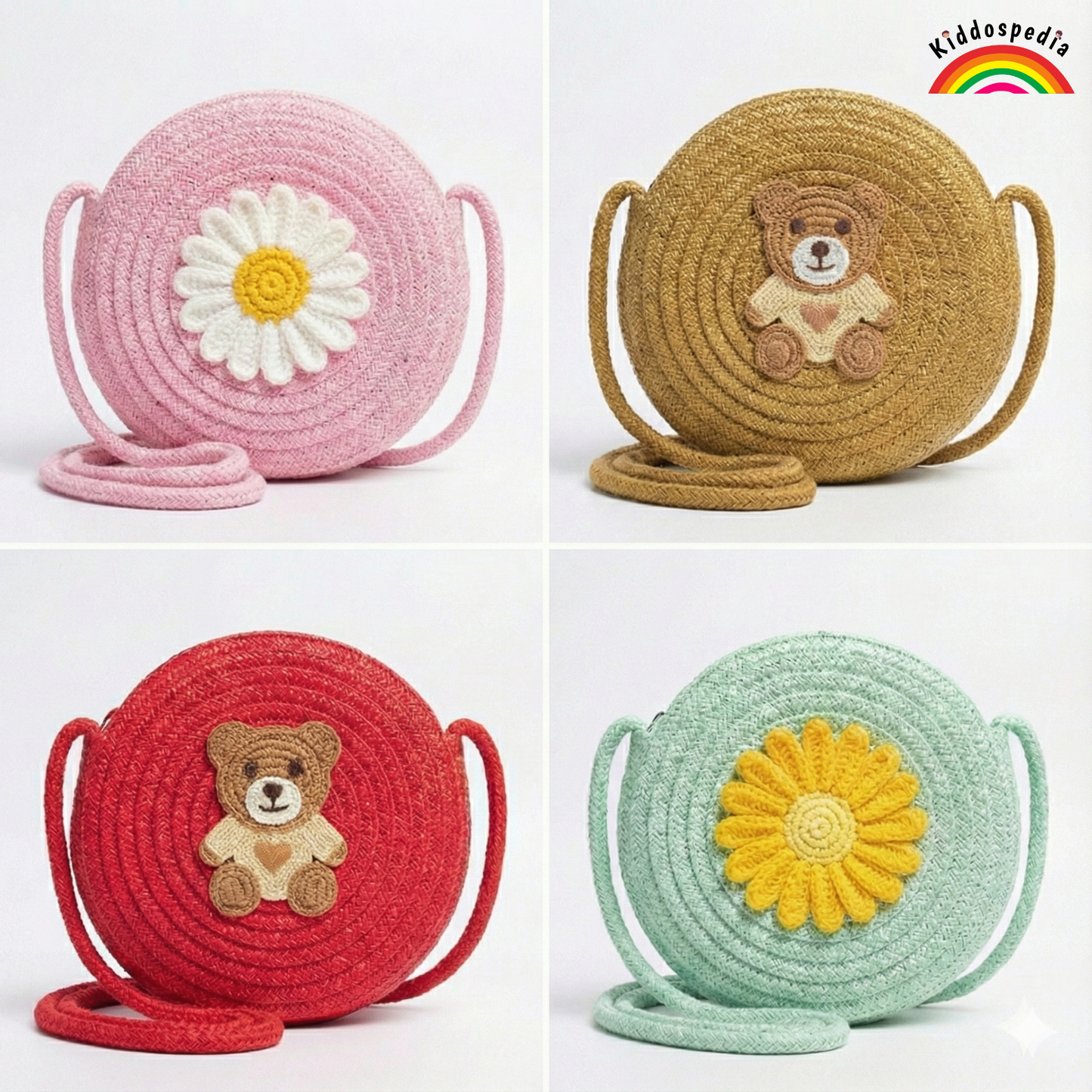 Four round woven bags in pink, brown, red, and green with teddy bear and flower designs on a white background.