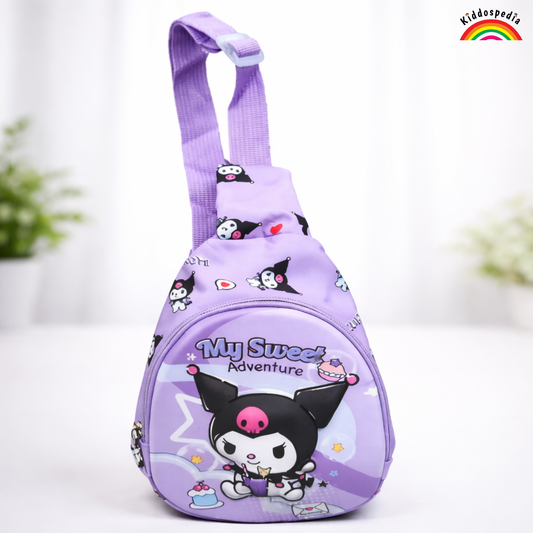 Purple children's backpack with cartoon character and 'My Sweet Adventure' text on a white background.