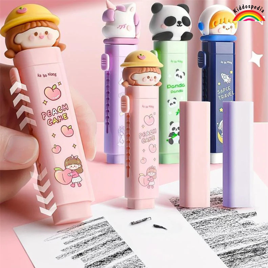 Set of colorful stationery items with cartoon characters on a pink background