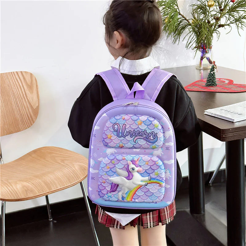 Child wearing a purple backpack with a unicorn design in a classroom setting