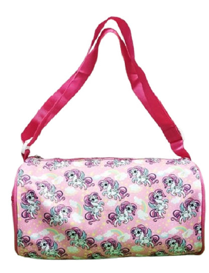 Pink duffel bag with cartoon pony design on a white background