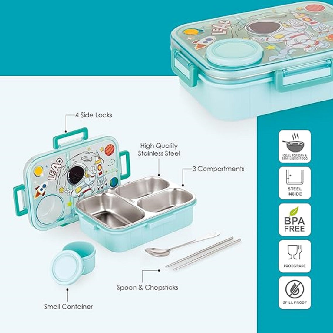 Space Theme Kids Lunch Box & Bottle Combo | Kiddospedia Leakproof Bento Set