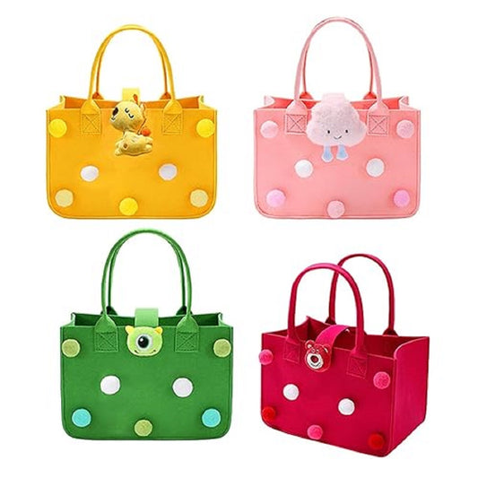Plush Pom-Pom Felt Tote Bag, POM-POM Adorable Kids Cartoon Handbag | Vibrant Colors | Perfect for Birthday Return Gifts(Random Color)