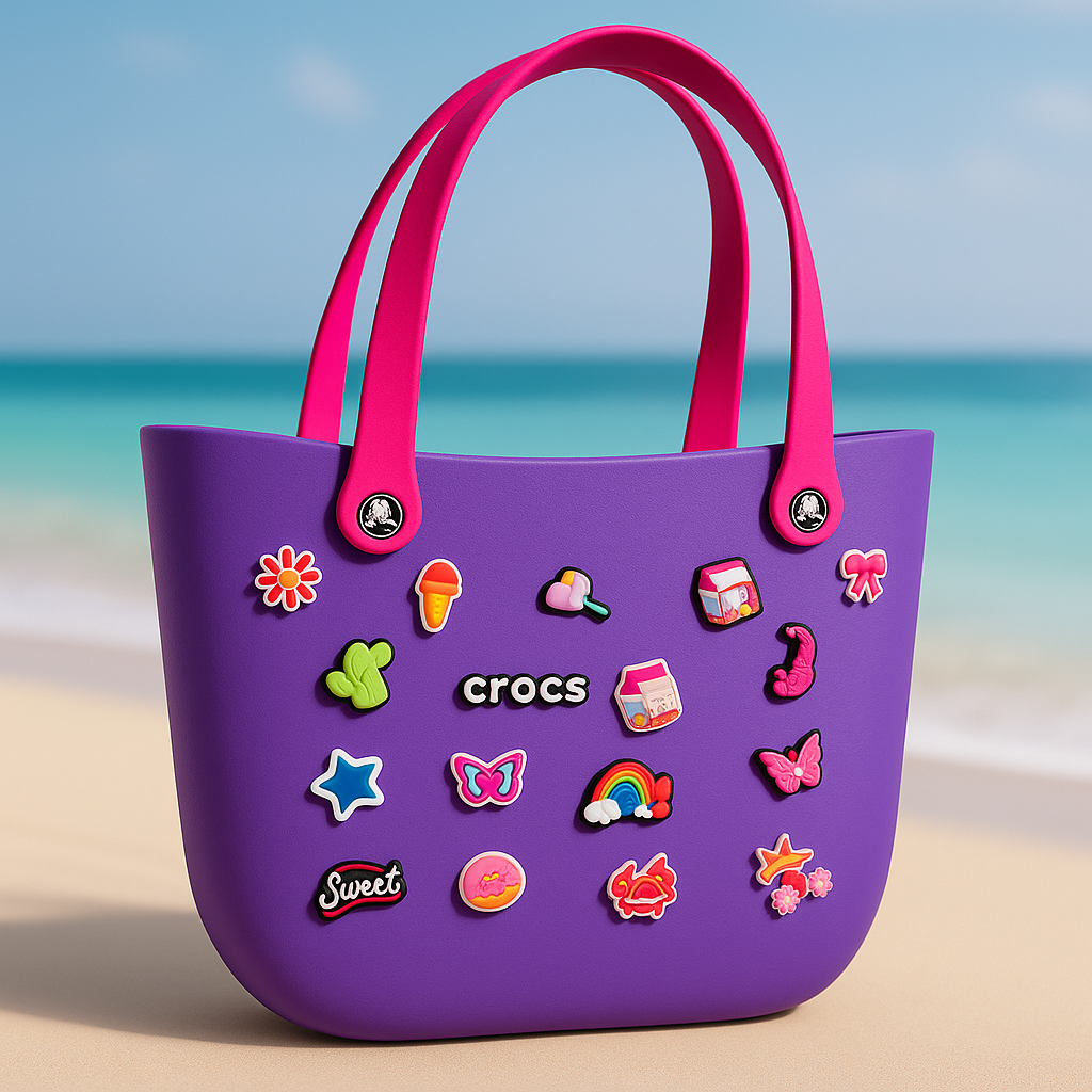 Purple bag with pink handles and colorful decorations on a beach background