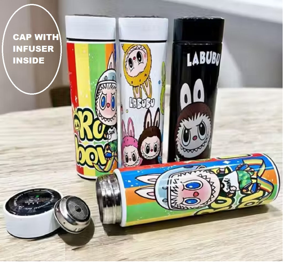 Colorful water bottles with cartoon designs on a wooden surface