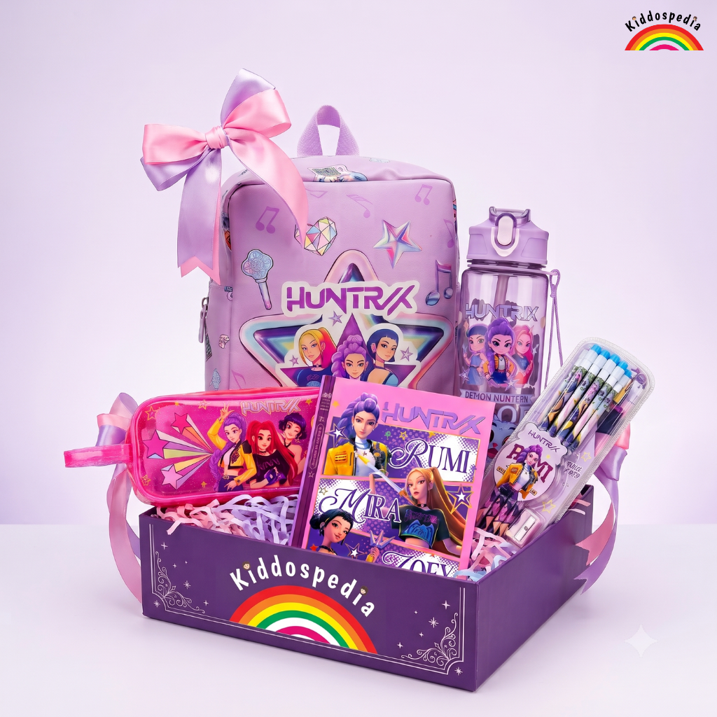 Huntrix K-Pop School Combo for Kids | Backpack, Bottle,Notebook & Stationery Set | Kiddospedia