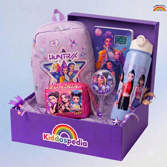 Huntrix K-Pop School Combo for Kids | Backpack, Bottle, Diary, Comb & Pouch | Kiddospedia