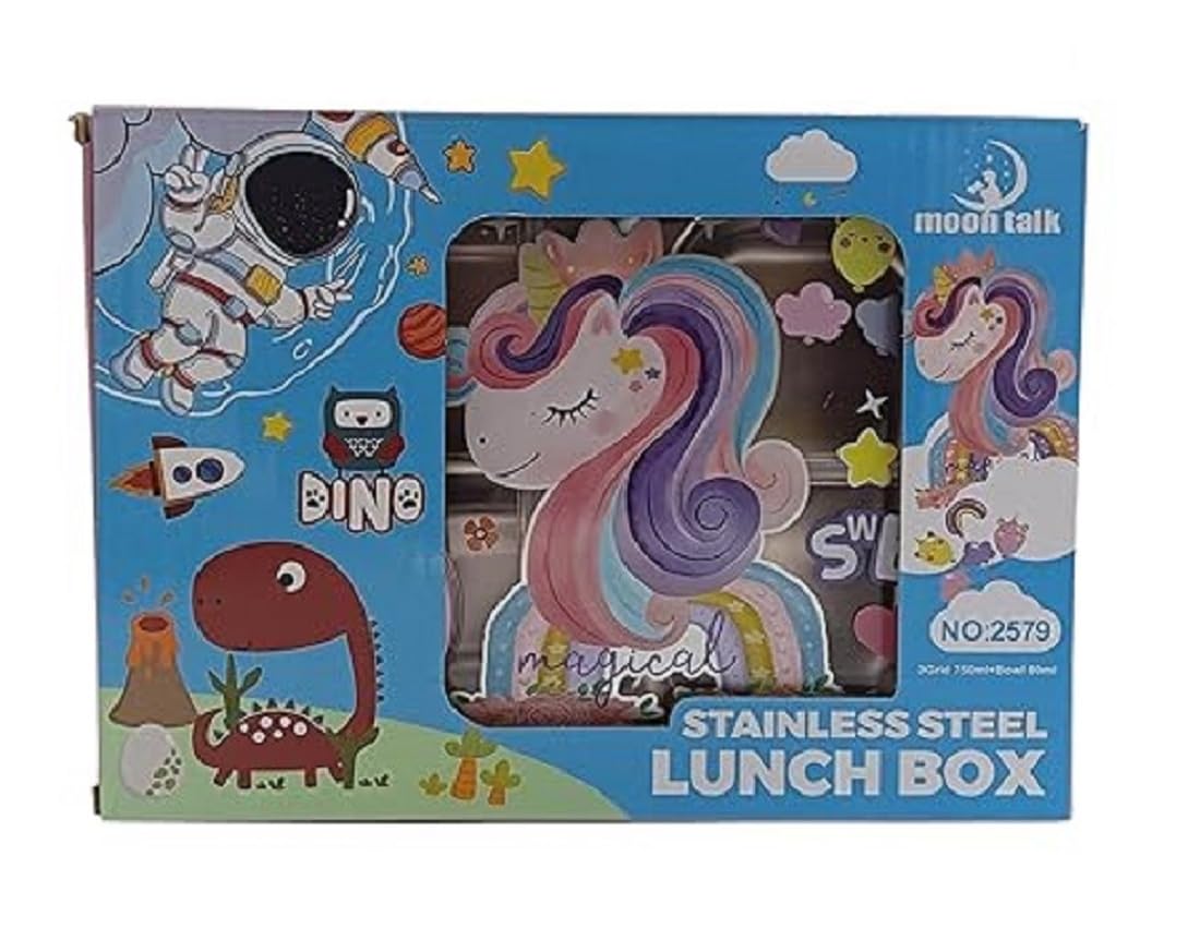 Unicorn Stainless Steel Lunch Box – 3 Compartment with Spoon & Box - Kiddospedia