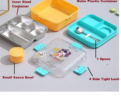 Dinosaur Kids Lunch Box – 3 Steel Compartments, Leakproof, 750ml + 70ml - Kiddospedia