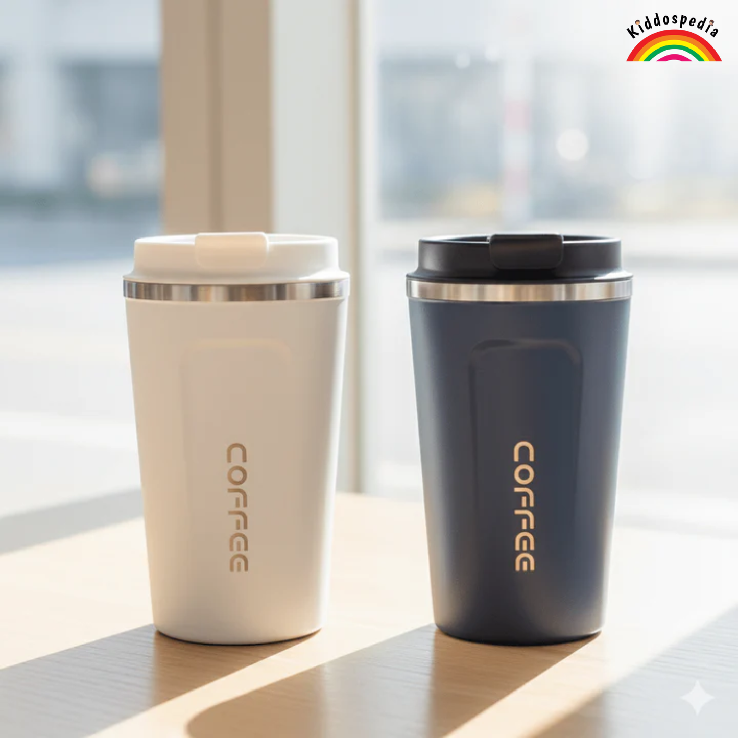 Two coffee tumblers, one white and one black, on a surface with a blurred window background.