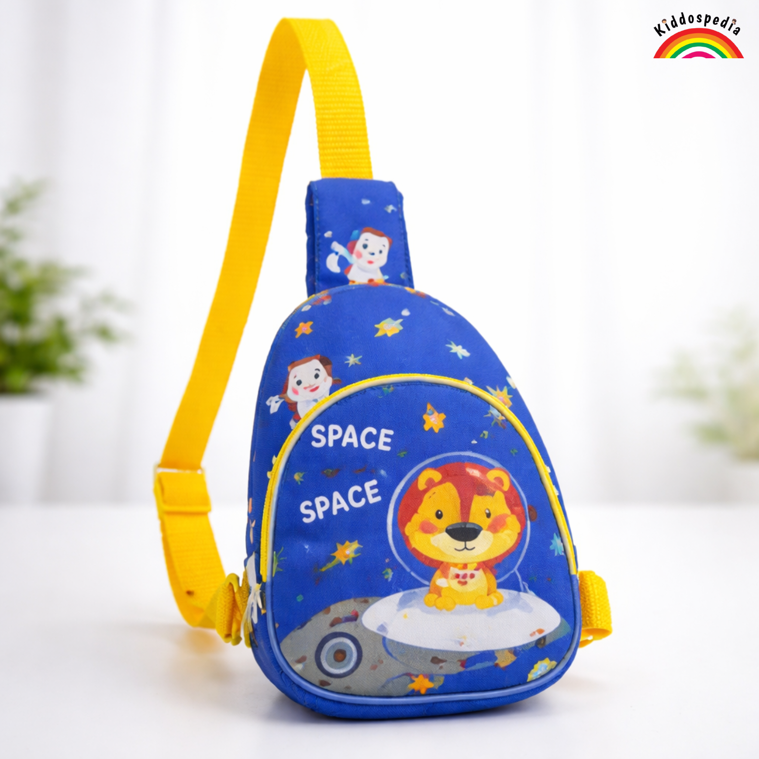 Children's backpack with space-themed design and yellow strap on a white background