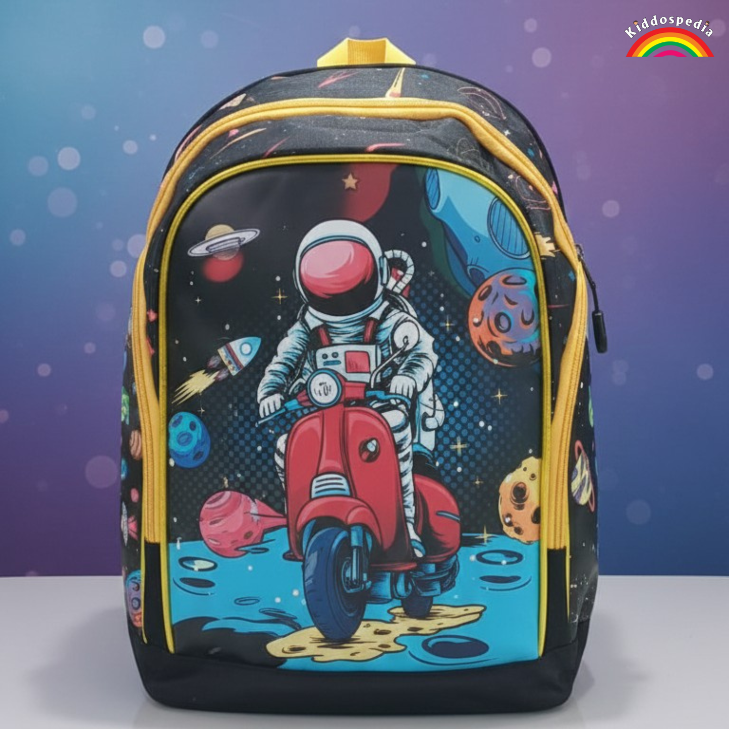 Backpack with space-themed design featuring an astronaut on a scooter, against a purple background.