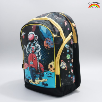 Backpack with astronaut on a scooter design on a white background