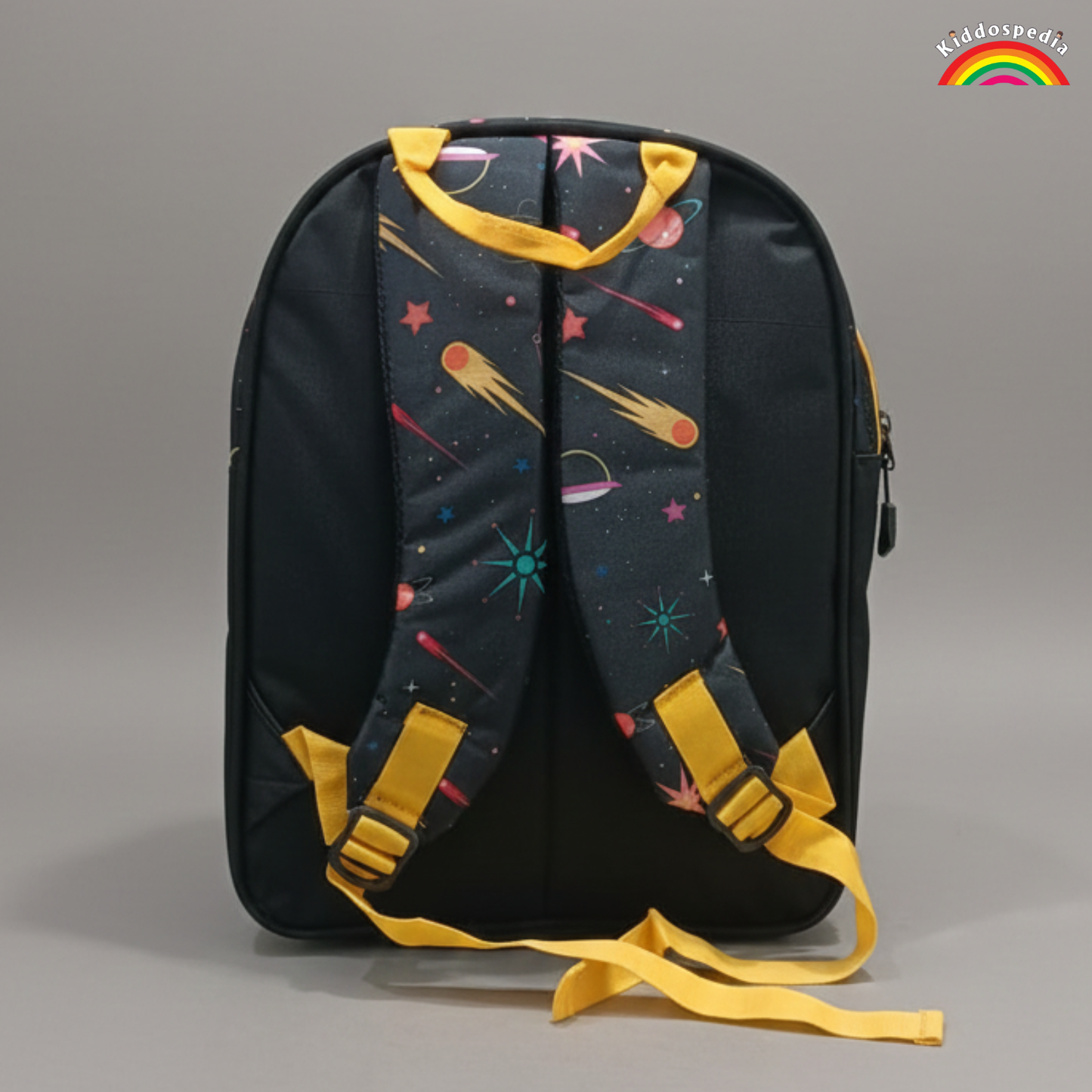 Backpack with space-themed design on a gray background