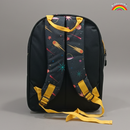 Backpack with space-themed design on a gray background