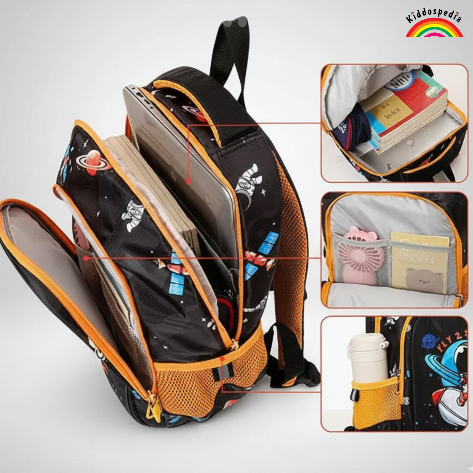 Backpack with space-themed design and multiple compartments on a white background