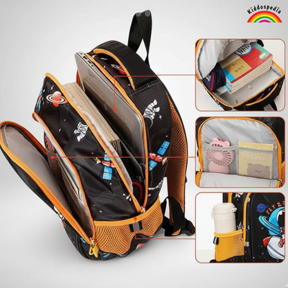 Backpack with space-themed design and multiple compartments on a white background