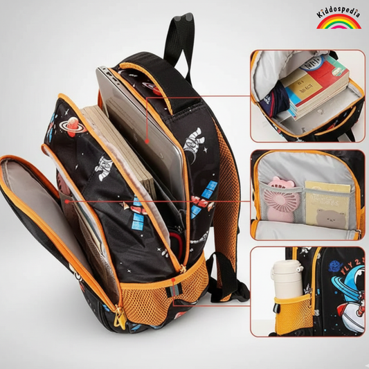 Backpack with space-themed design and multiple compartments on a white background