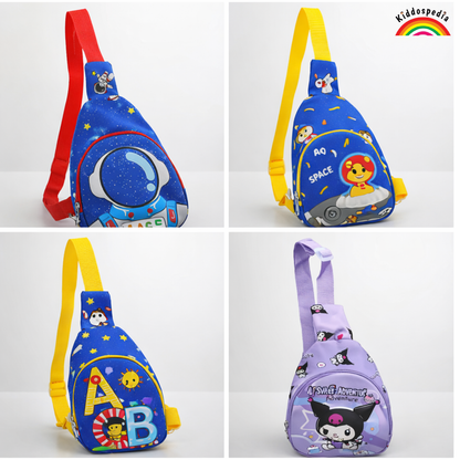 Four children's sling bags with different designs on a white background