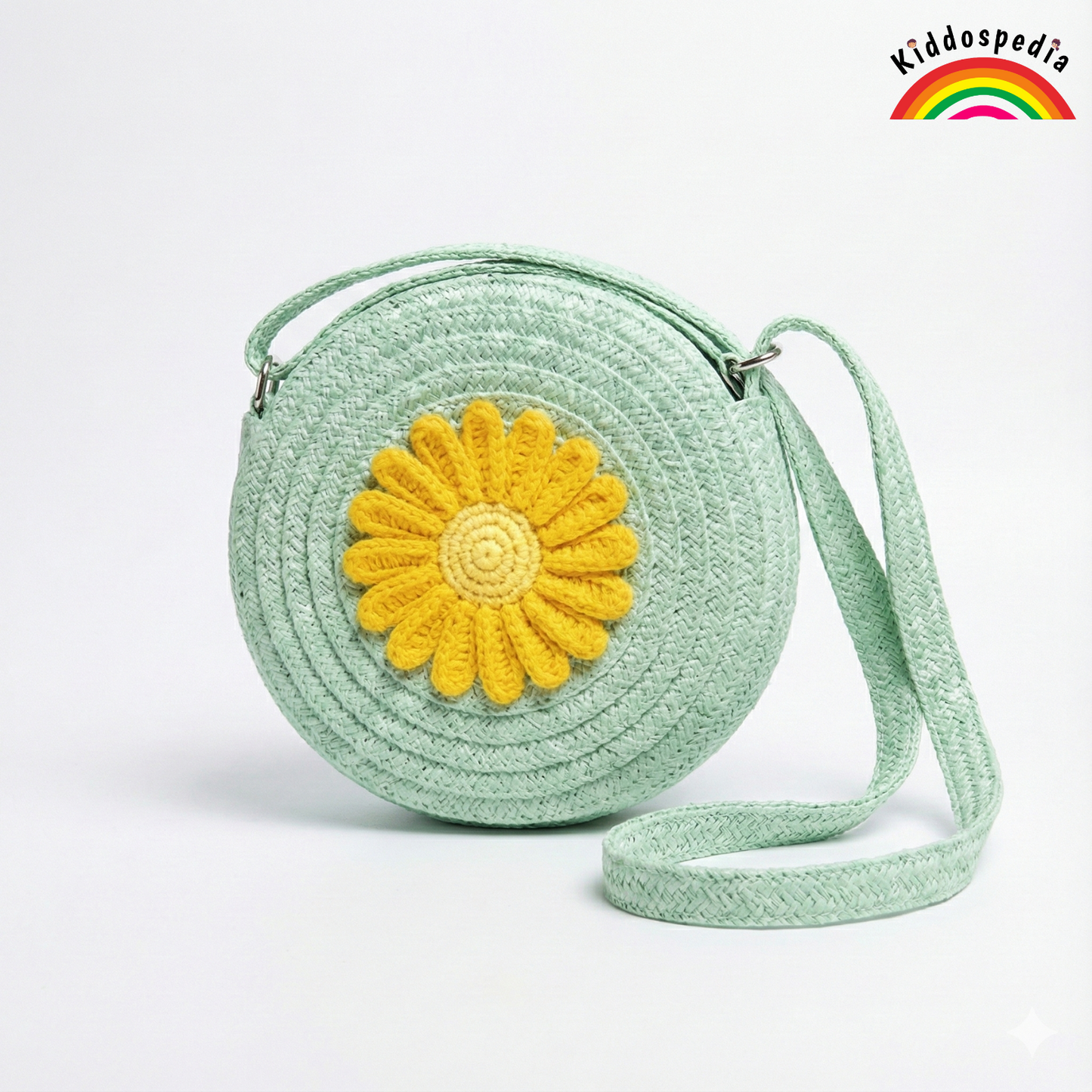 Light green round crossbody bag with a yellow flower design on a white background