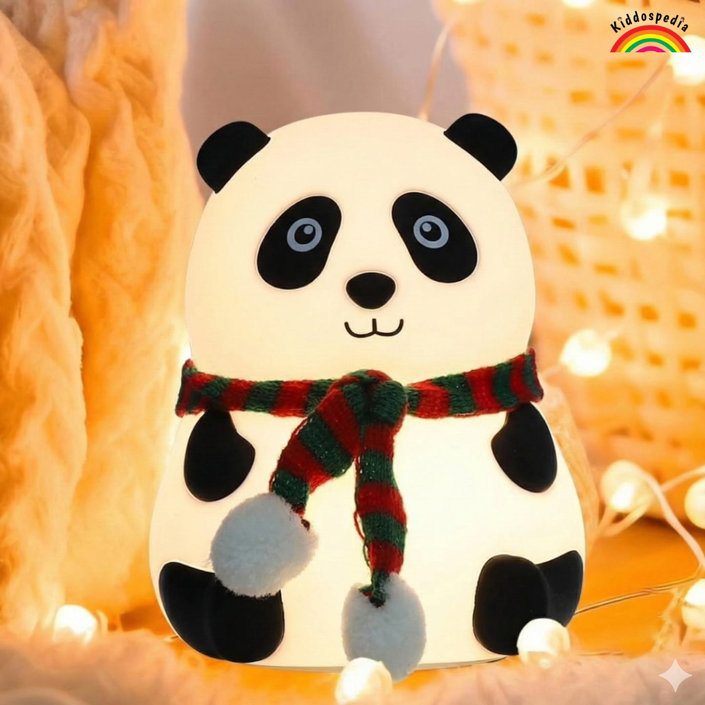 Panda-shaped night light with a red and green scarf on a warm-toned background