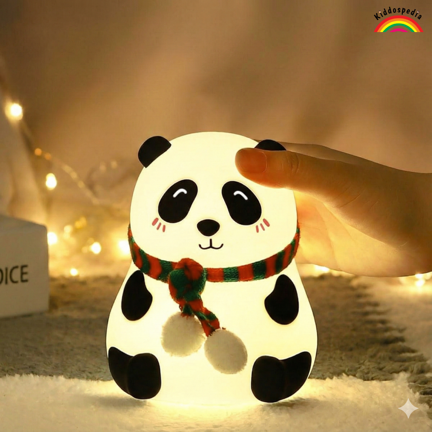 Panda-shaped night light held by a hand with a blurred background
