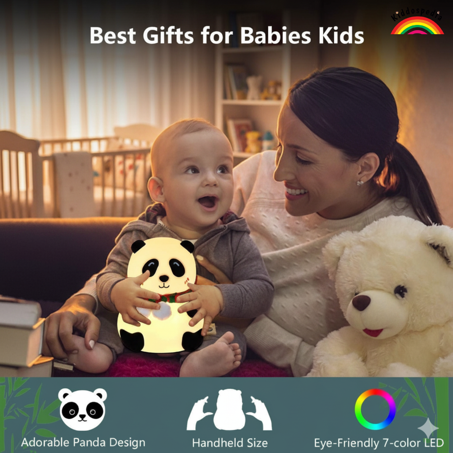 Woman and child in a nursery setting with a panda night light and teddy bear.