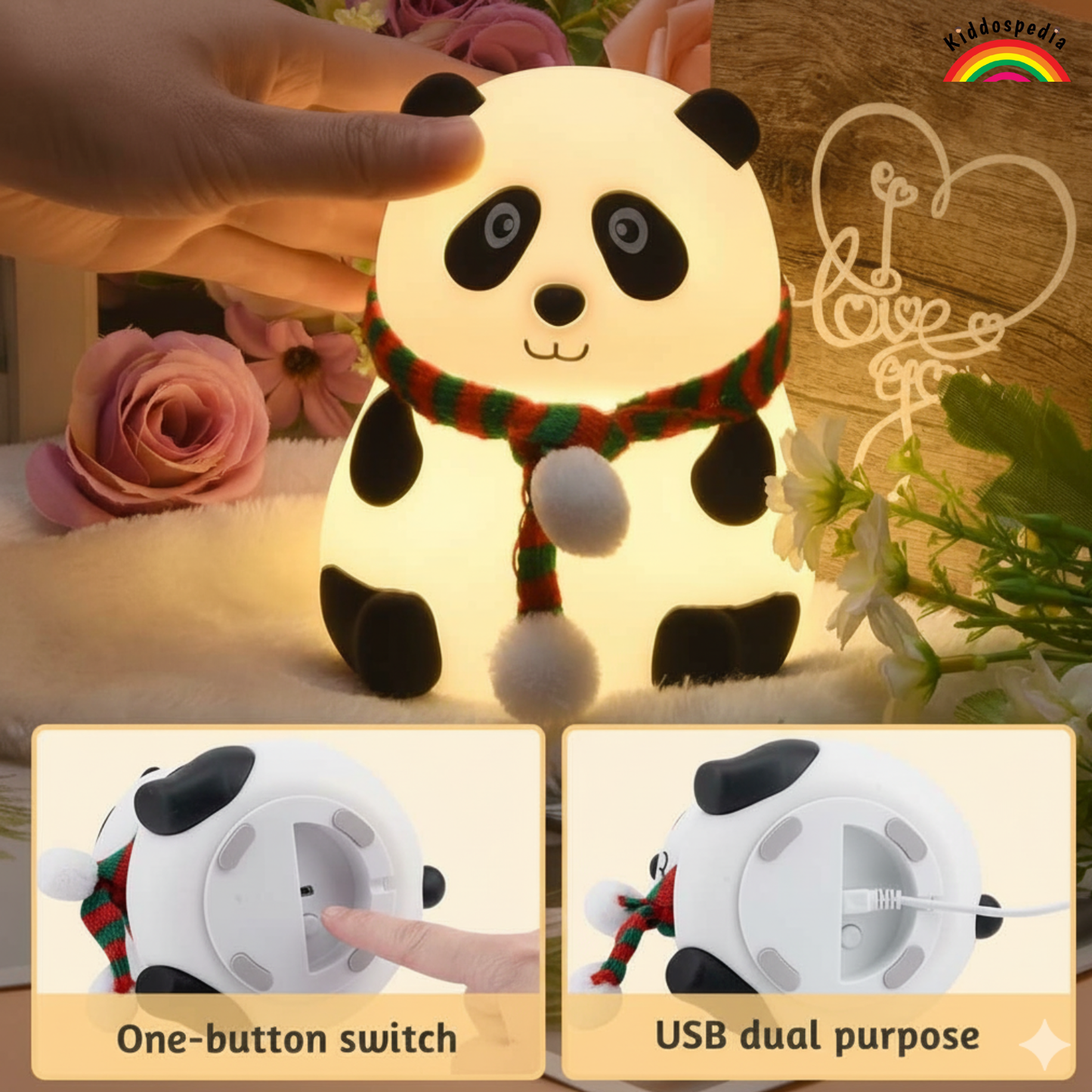 Panda-shaped night light with a scarf, held by a hand with flowers in the background.