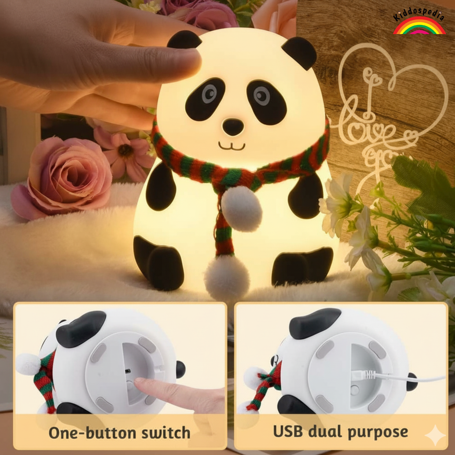 Panda-shaped night light with a scarf, held by a hand with flowers in the background.