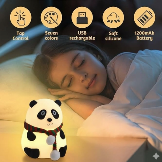 Panda-shaped night light next to a person sleeping with features listed above.
