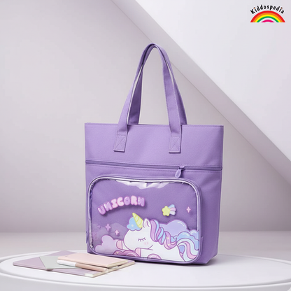 Purple tote bag with unicorn design on a white surface