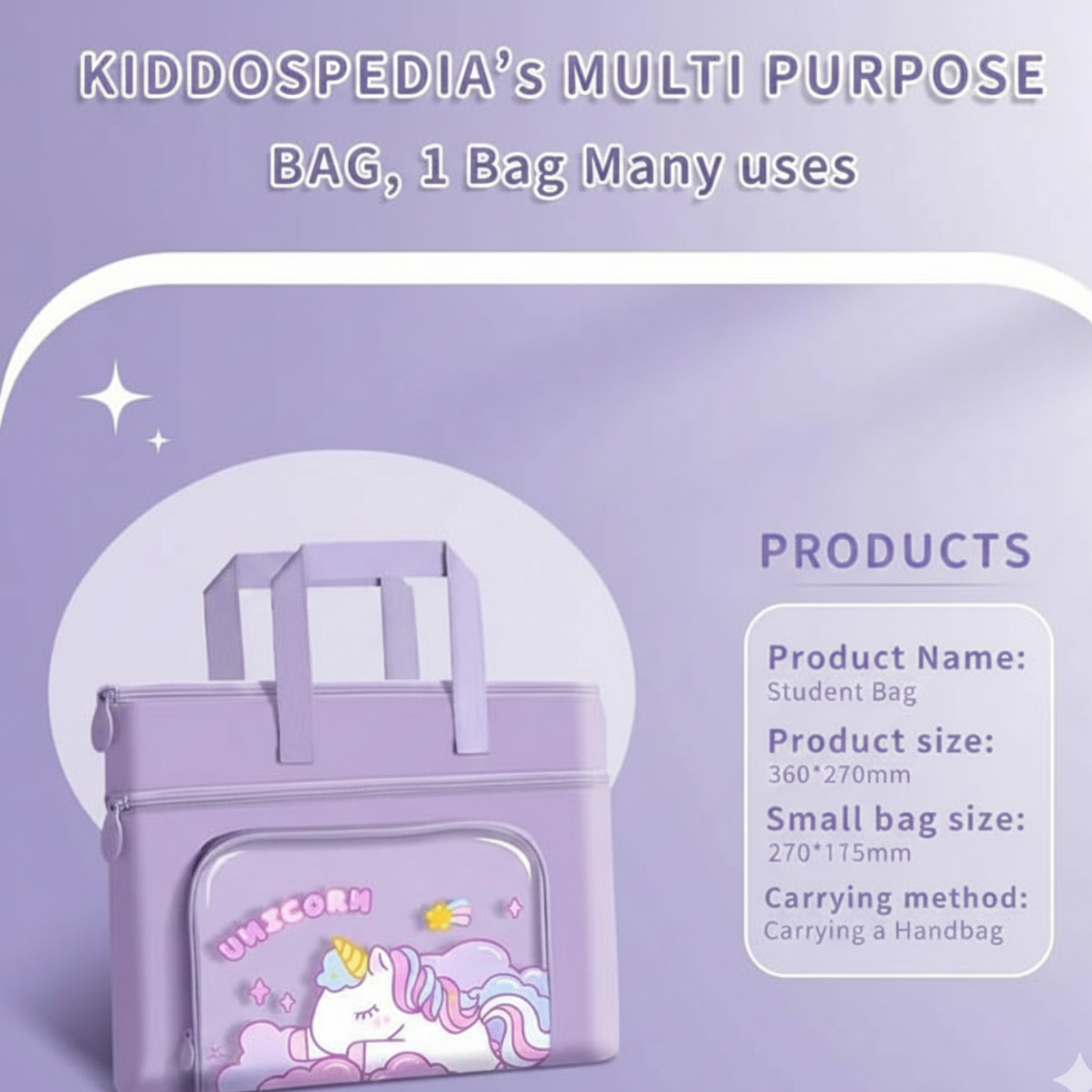 Purple student bag with unicorn design on a purple background, featuring text about product name, size, and carrying method.