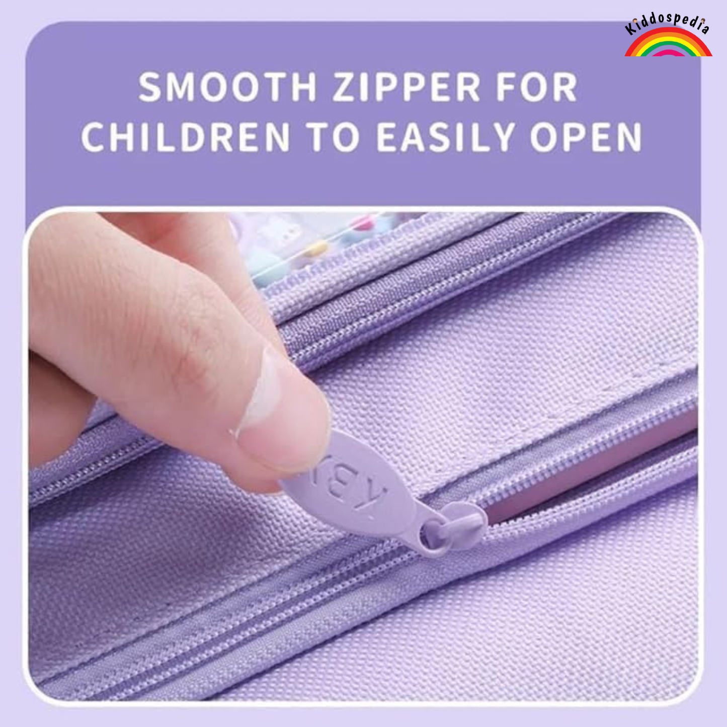 Purple bag with a smooth zipper being pulled by a hand, with text 'Smooth zipper for children to easily open' on a purple background.