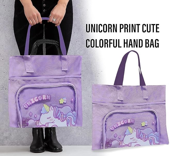 Purple tote bag with unicorn print held by a person against a gray background