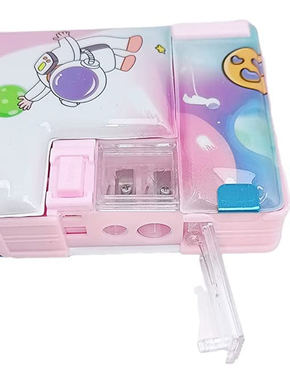 Kids Astronaut/Space Magnetic, Squishy, Dual-Sided Pencil Box(Pink) - Kiddospedia