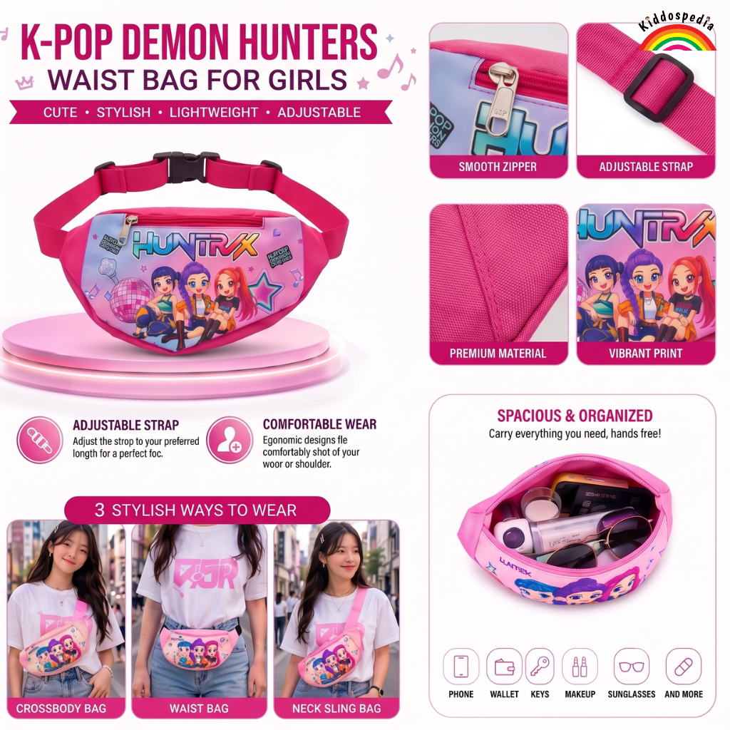 K Pop Demon Huntrix Waist Bag for Kids | Adjustable K Pop Crossbody Belt Bag | Kiddospedia