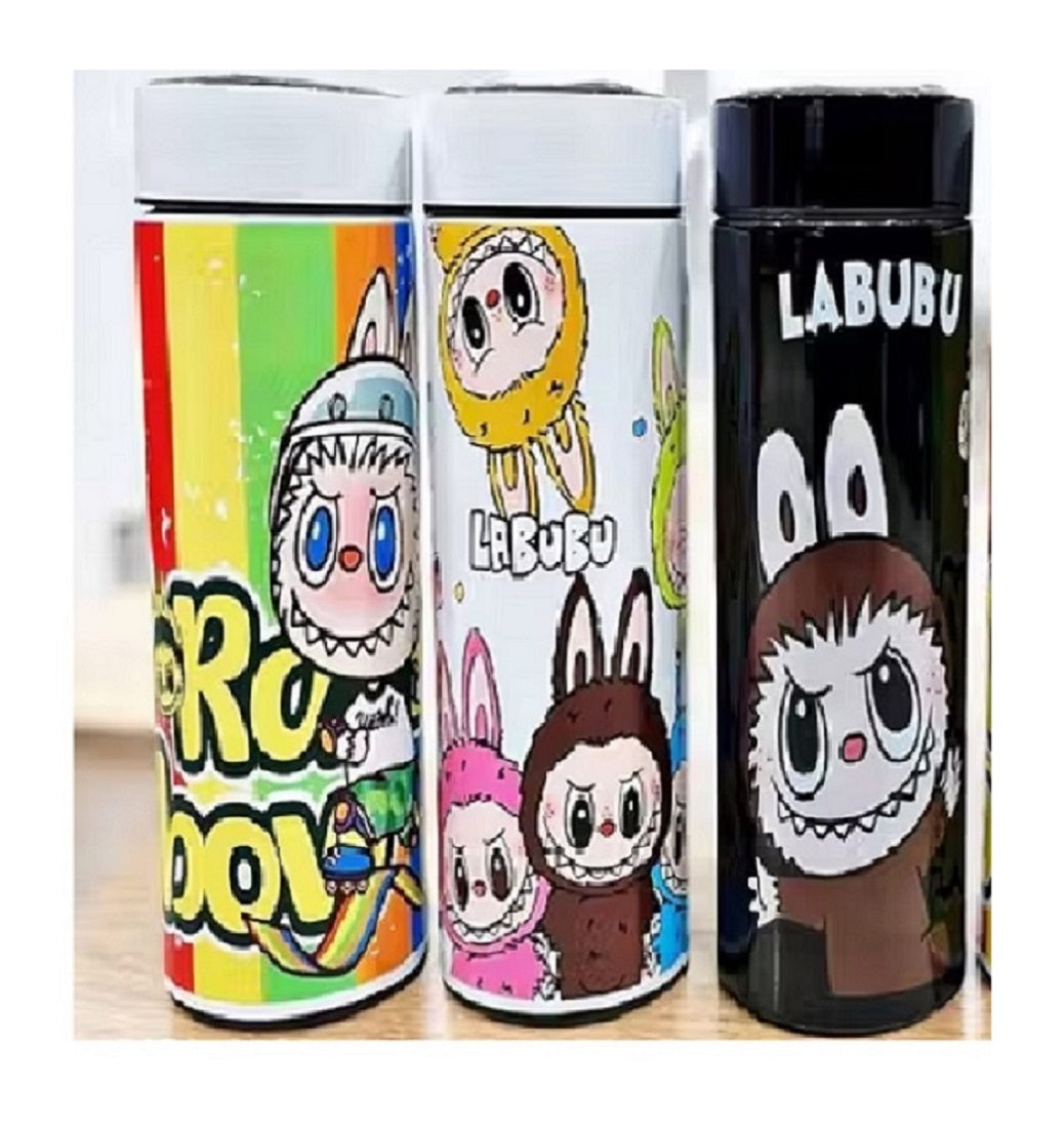 Three colorful tumblers with cartoon characters and 'LABUBU' branding on a white background.