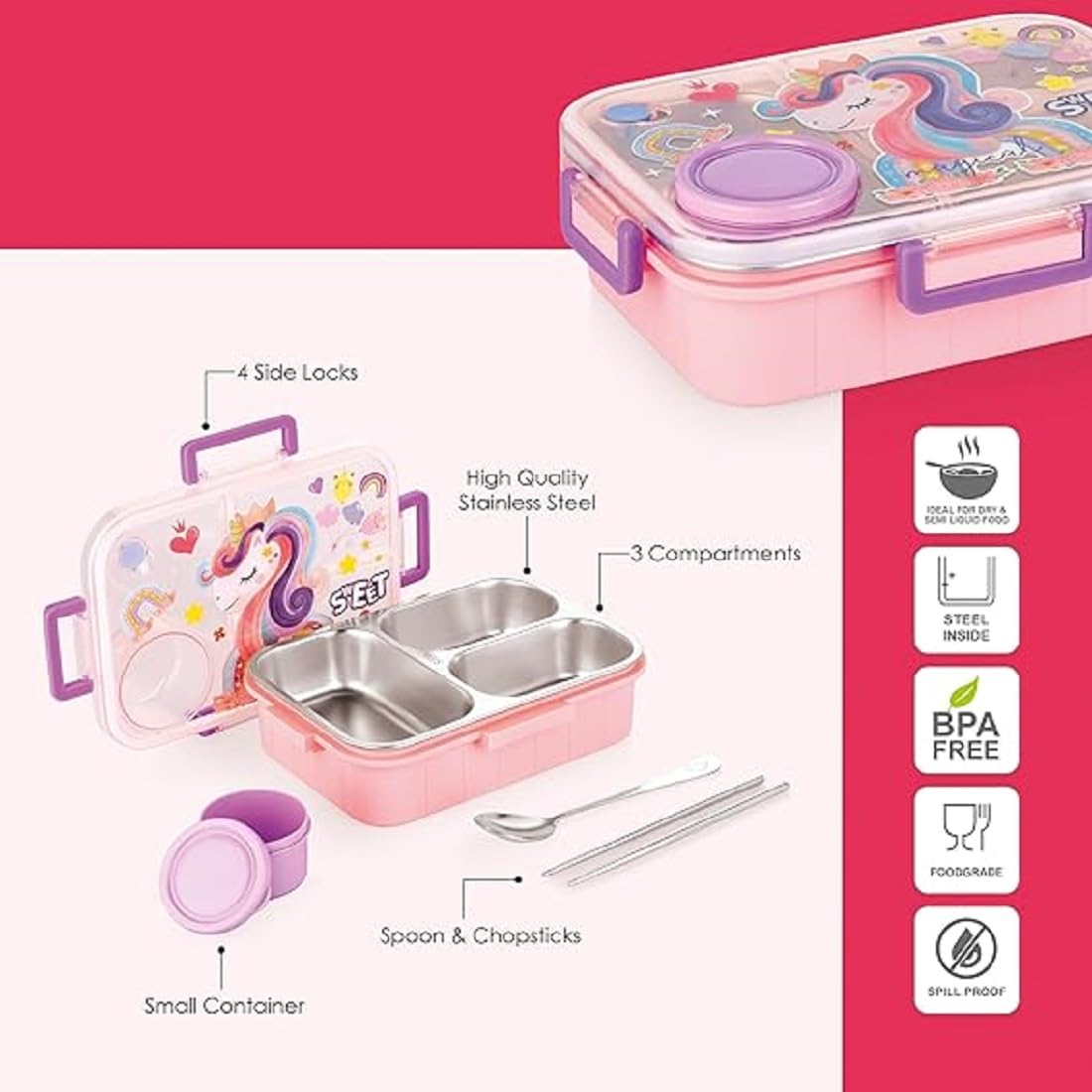 Unicorn Stainless Steel Lunch Box – 3 Compartment with Spoon & Box - Kiddospedia