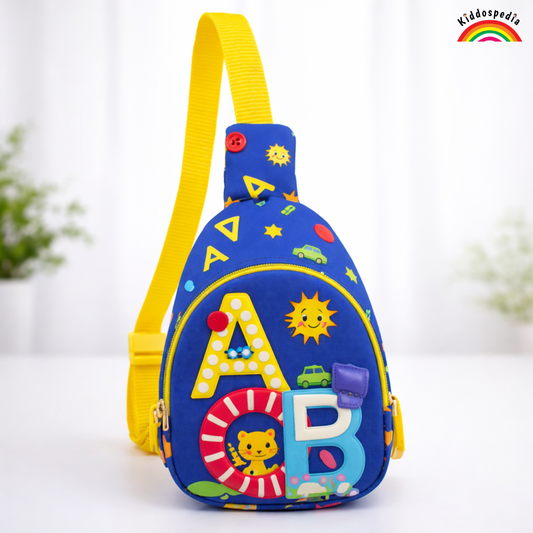 Colorful children's backpack with ABC design on a white background