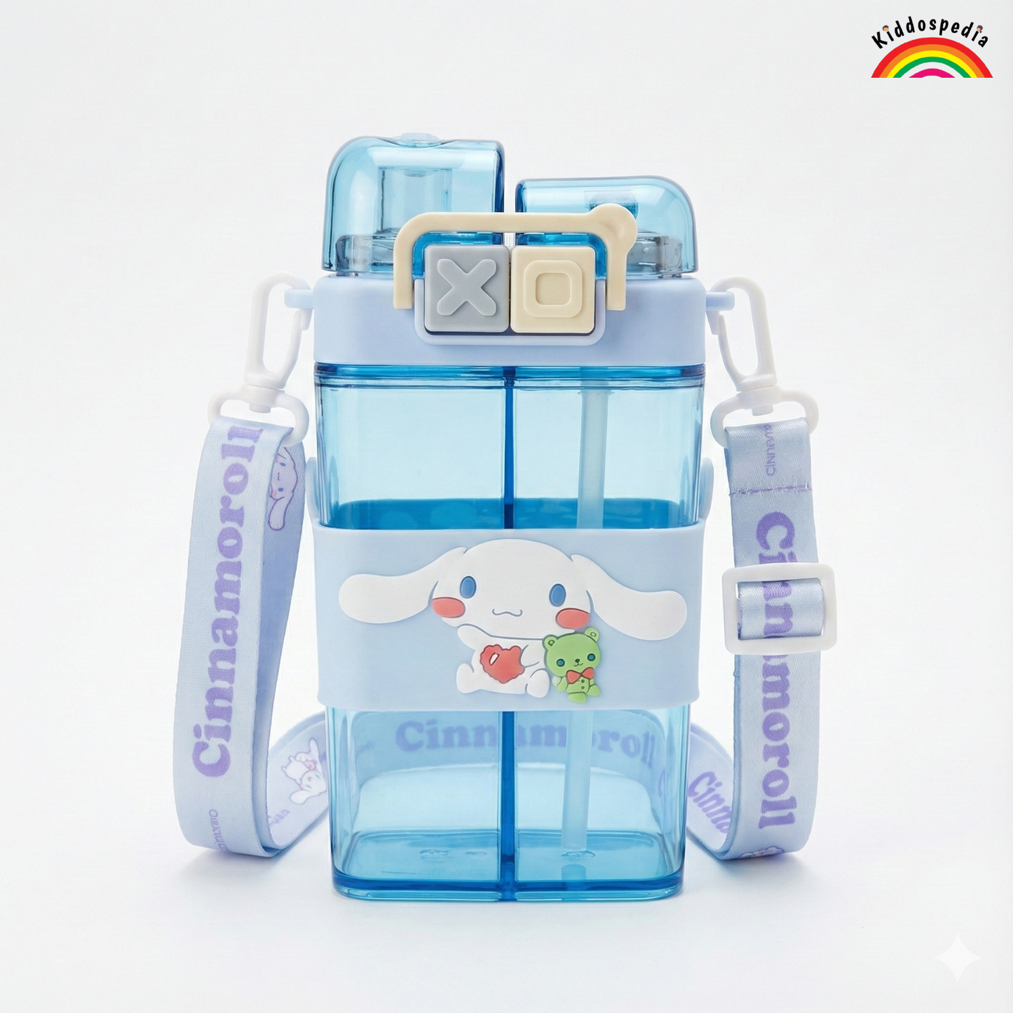 Children's water bottle with a strap featuring a cartoon character on a white background