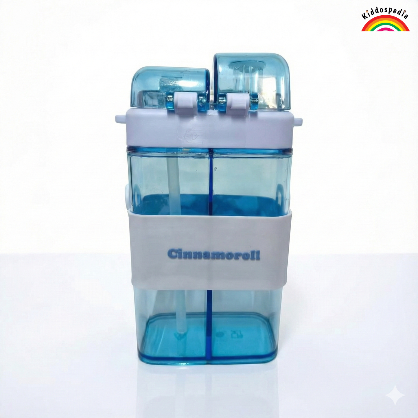 Blue and white pet water dispenser with 'Cinnamoroll' branding on a white background