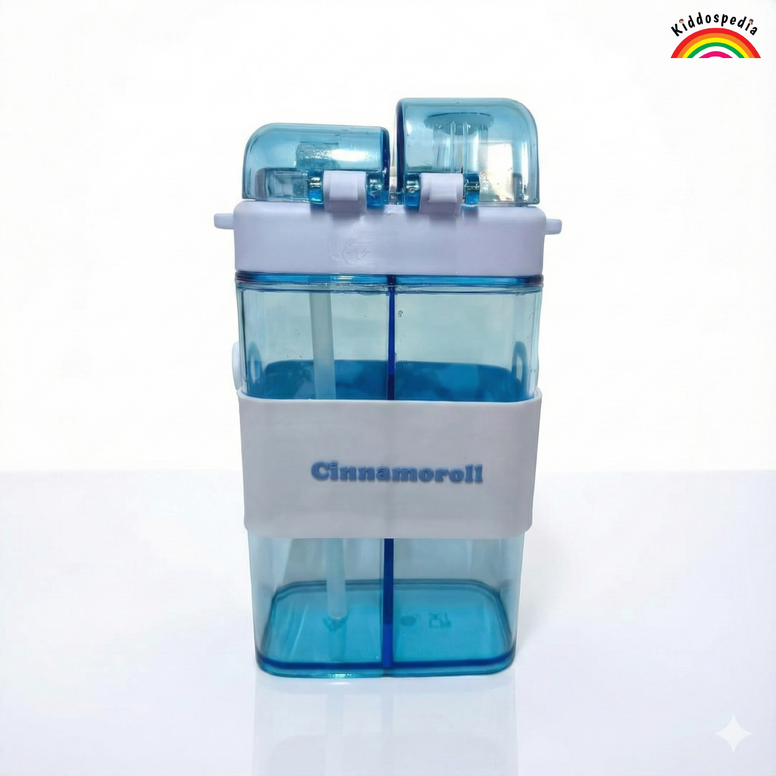 Blue and white pet water dispenser with 'Cinnamoroll' branding on a white background