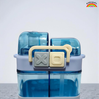 Blue plastic container with X and O symbols on a white background